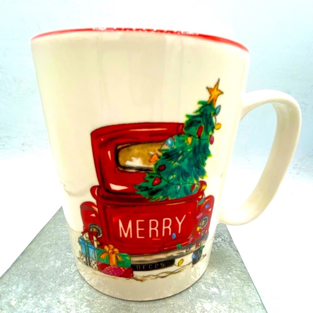 Burton & Burton Ceramic Mug With Christmas Tree In The Back Of A Vintage Truck